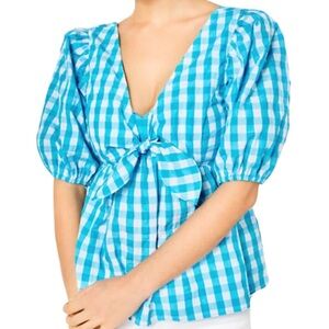 Lilly Pulitzer Sarafina Gingham Babydoll Womens Puff Short Sleeve Tie Top Blouse